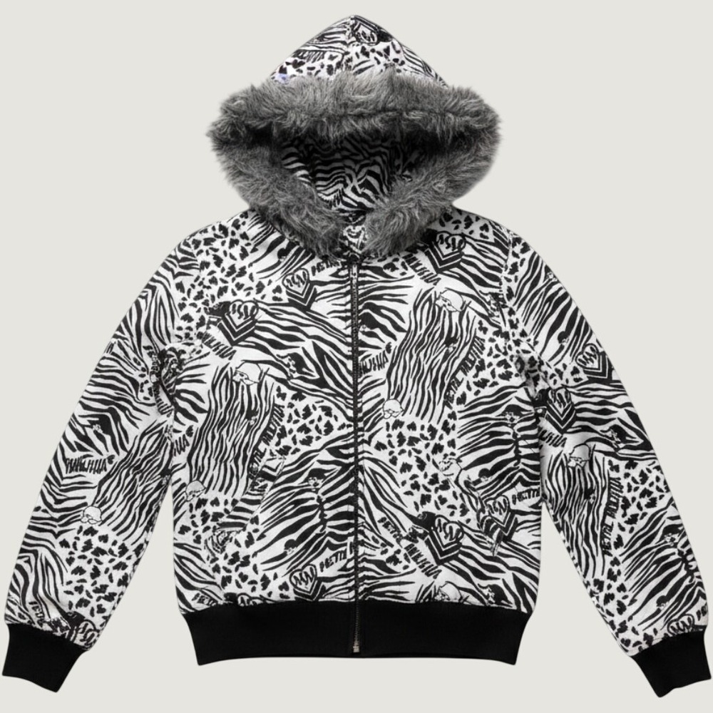 Y2K Rare Metal Mulisha Scene Reversible Hoodie Faux Fur Zebra Leopard Print